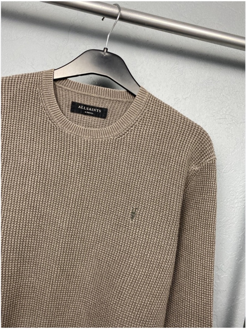 AllSaints Aspen Waffle Texture Crew Neck Ramskull Tan Sweater Size Small